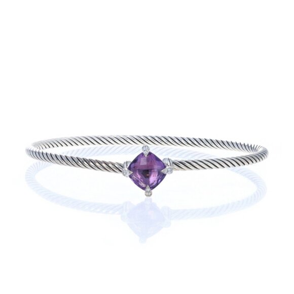 David Yurman Chatelaine Amethyst Diamond Bangle Bracelet 6 3/4" Sterling Silver - Picture 1 of 6
